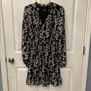 Tommy Hilfiger Black, White and Yellow Floral Long-Sleeve V-Neck Dress